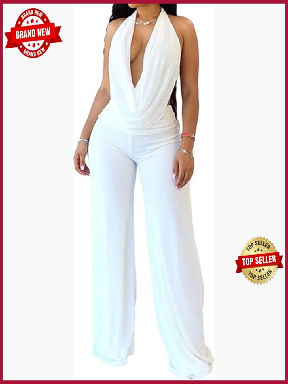 Sexy Sheer Mesh Halter Deep V Neck Backless Top Wide Leg Long Pants Party Set